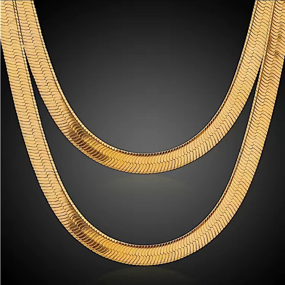 Gold Herringbone Flat Necklace Bracelet Set, Unisex, Two Piece 4mm - Picture 7 of 9
